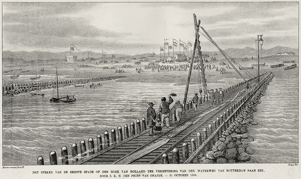 Het steken van de eerste spade voor de aanleg van de Nieuwe Waterweg, door de Prins van Oranje, op 31 oktober 1866. Een prent uit het Gemeentearchief Rotterdam. 