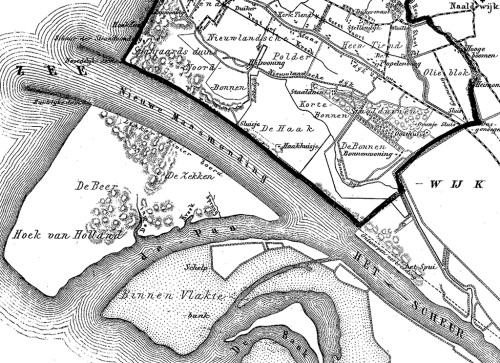De Nieuwe Waterweg op een kaartfragment uit de Gemeente-Atlas 1866-1870 van Jacob Kuyper. 