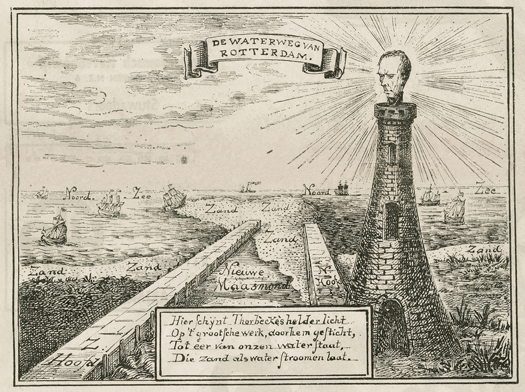 In 1871 verscheen in de Nederlandse Spectator een spotprent waarop Thorbeckes hoofd als vuurtoren fungeert. De aanleiding hiervoor waren de problemen met verzanding van de Nieuwe Waterweg. 